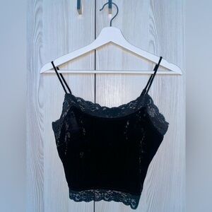 UO Black Velvet Crop Top with Lace Trim